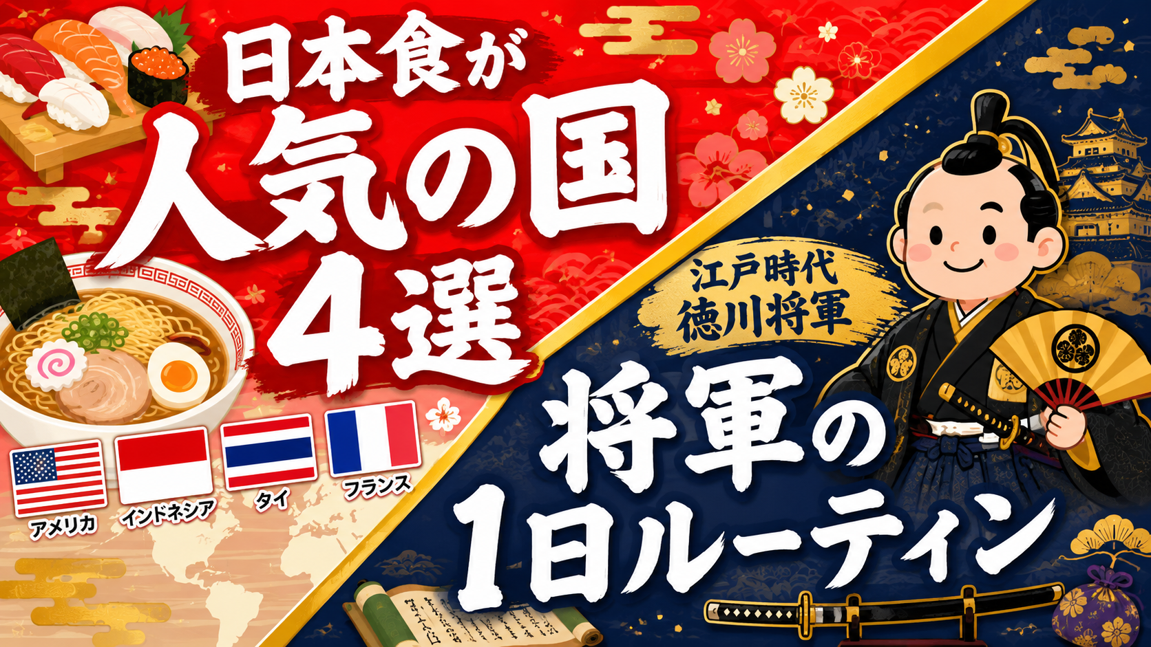 ショート動画台本ポートフォリオ｜日本食が人気の国4選・江戸時代将軍の1日